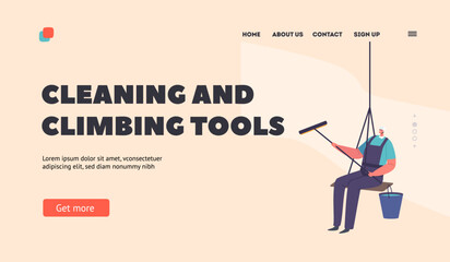 Window Washer with Cleaning and Climbing Tools Landing Page Template. Worker Character Washing Tower Office Facade