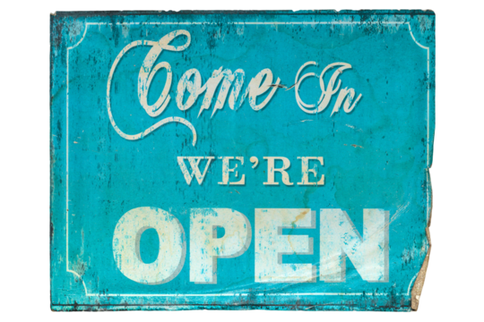Blue come in we're open sign