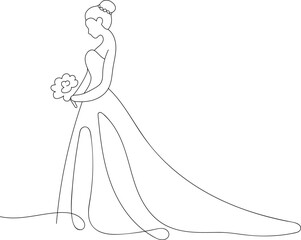 Bride one line art icon flat vector illustration isolated for wedding invitation. Bride icon, bride silhouette side view wearing a wedding dress. Continuous line hand drawn