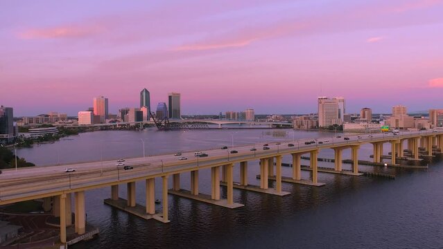 Jacksonville Sunset Aerial Overlooking Downtown And Fuller Warren Bridge 10-16-22