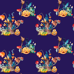 Colorful Halloween fairy house watercolor seamless pattern isolated on dark.