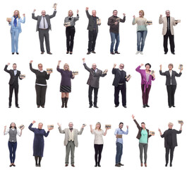 group of happy people with gifts in their hands isolated