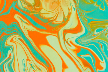 Turquoise orange beige acrylic fluid art. Abstract creative spring background. Artistic floral background. Dynamic lines, movement, contrast splash. Design of holiday cards. Fashionable marble texture