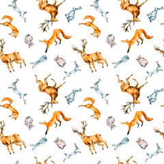 Wild animals, hare, fox, owl, deer watercolor seamless pattern isolated on white