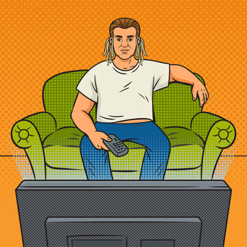 Man in front of TV with noodles on his ears pinup pop art retro raster illustration. Metaphor for propaganda and deception from television. Comic book style imitation.