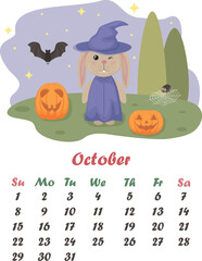 Fototapeta premium Calendar October. Cute bunny in a hat and a witch s cloak. The hare stands next to pumpkins, spiders and a bat, against the background of the starry sky. Halloween. Vector illustration