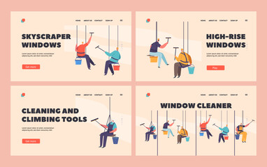 Industrial Deep Cleaning Company Service Landing Page Template Set. Men in Uniform Cleaning High-Rise Glasses