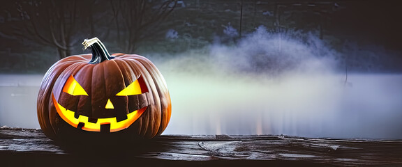Halloween Pumpkin on wooden plate with spooky lake and fog in background