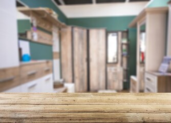 empty blank wooden desk at kitchen