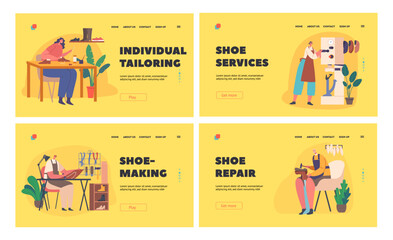 Cobbler Professional Occupation Landing Page Template Set. Shoemakers Create Handmade Footgear Vector Illustration