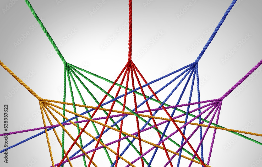 Poster Collaborating Business teams success and connecting together and unity teamwork concept as a metaphor for joining a partnership of diversity as diverse ropes connected together.