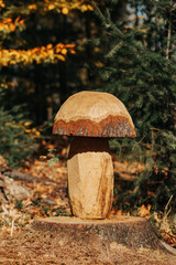 Rzeźba w pniu drzewa w kształcie grzyba