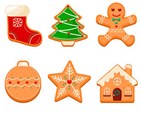 Naklejka premium Cartoon gingerbread cookies set. Christmas vector elements for illustration, cards, banners and holiday backgrounds. Delicious homemade cookies. 