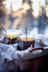 Hot steaming lemon tea outdoors - 538940862