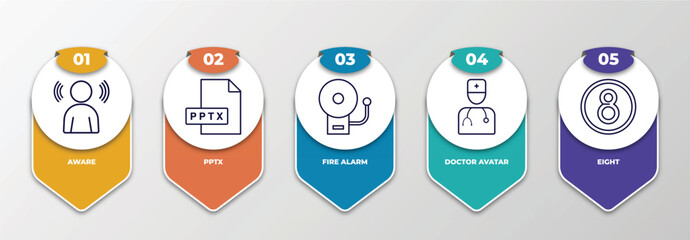 infographic template with outline icons. thin line icons such as aware, pptx, fire alarm, doctor avatar, eight editable vector. can be used for web, mobile, info graph.