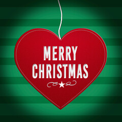 Red heart label, Merry Christmas lettering, green background with stripes, spotlight.