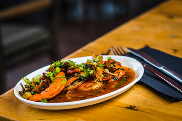 Gambas prawns made from Chilli prawn, garlic, coriander, chorizo