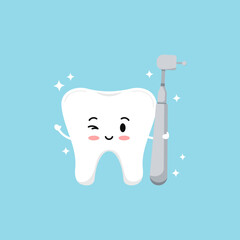 Cute tooth with dental hith speed handpiece tool icon isolated on blue background.