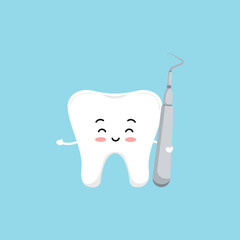 Cute tooth with dental scaler tool icon isolated on blue background.