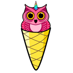 Cute owl with unicorn horn in ice cream cone. Cartoon vector illustration. Humorous congratulatory Halloween concept.