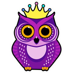 Cute owl in a crown. Cartoon vector illustration. Humorous congratulatory Halloween concept.
