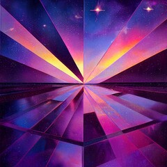 Abstract Purple sky illustration with pink and blue shades, reflections, and a shining sun.