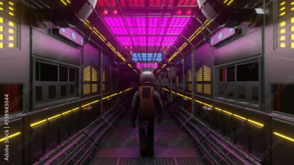 Poster an astronaut in a spacesuit goes inside a sai fi tunnel. 3d render