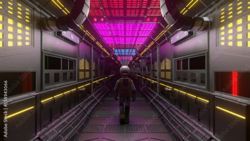 Poster an astronaut in a spacesuit goes inside a sai fi tunnel. 3d render