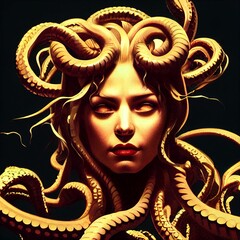 super detailed close up of Medusa while she is fighting