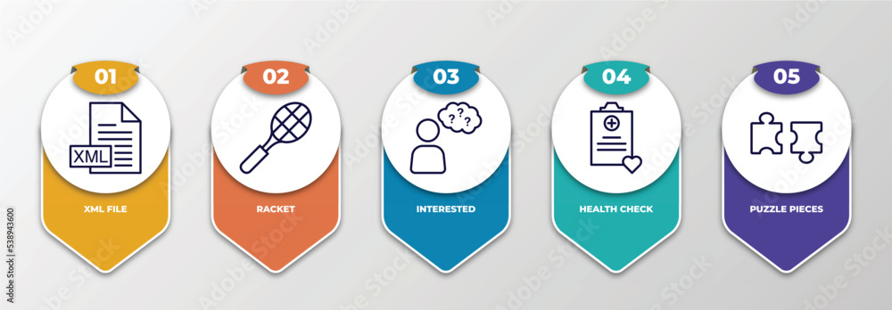 Poster infographic template with outline icons. thin line icons such as xml file, racket, interested, healt
