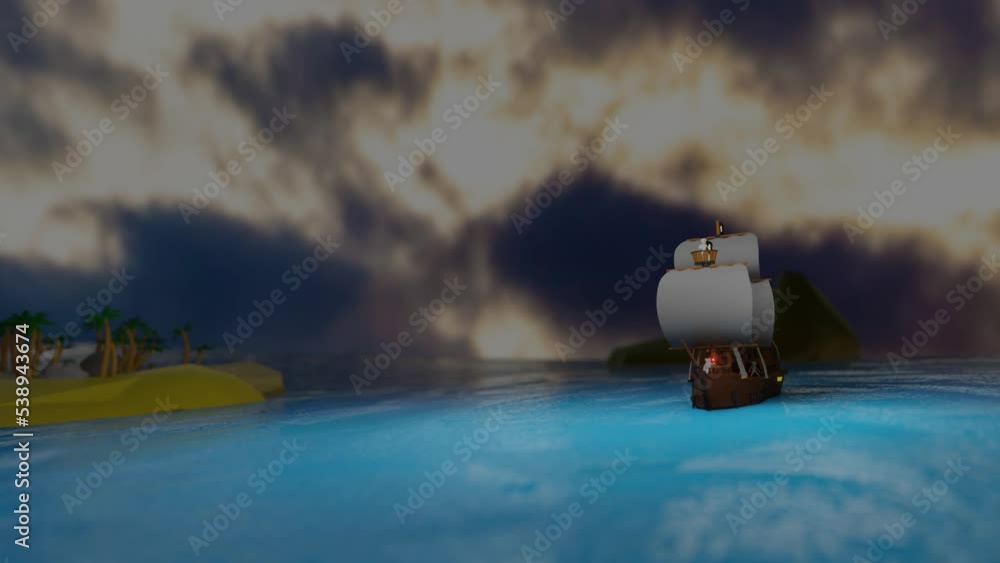 Poster sailing ship with skeletons pirates sails in the ocean. stylization. 3d render