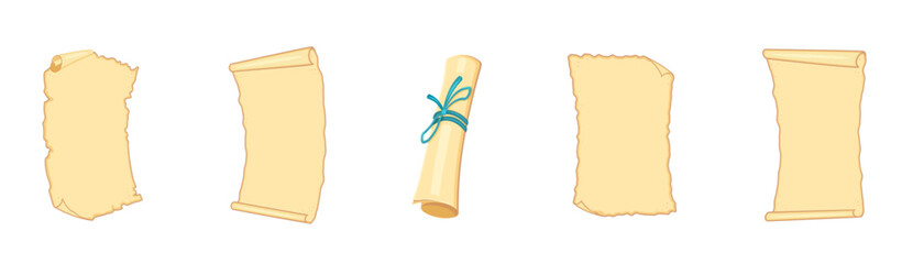 Old parchment. Set of different medieval papers. Scroll of vintage map tied with ribbon.