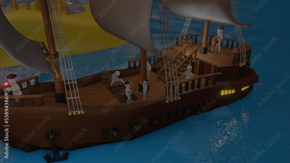 Poster sailing ship with skeletons pirates sails in the ocean. stylization. 3d render