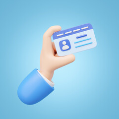3D Hand holding Id card and floating isolated on blue background. Approve identity verification card. human resources, Plastic identification card, driver license, verify identity concept. 3d render.