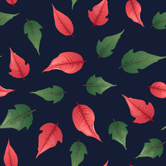 Seamless pattern with red poinsettia leaves on a dark background. Suitable for wrapping paper, wallpapers, decor, Christmas decorations