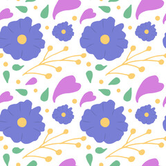 Seamless pattern with purple flowers and hearts, green leaves and twigs. Vector illustration