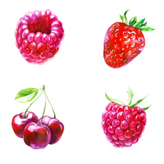 Watercolor illustration, set. Strawberries, raspberry, cherry berries on a branch, halves of berries. - 538944648