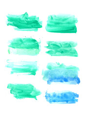 Set of watercolor stain. Spots on a white background. Watercolor texture with brush strokes. Round, rectangle, spot. Blue, turquoise. The sky. Vector. Isolated.