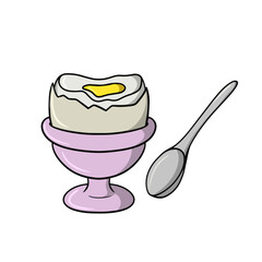 Half Boiled chicken egg on pink ceramic stand, silver spoon, cartoon-style vector