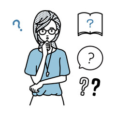 立って手をあごにあてて疑問を感じている教師の女性 クエスチョンマークのセット