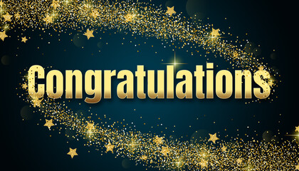 congratulations in shiny golden color, stars design element and on dark background.