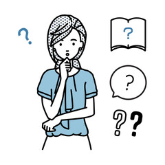 立って手をあごにあてて疑問を感じているオフィスカジュアルの女性 クエスチョンマークのセット