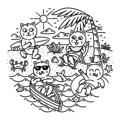 cute cat doing activities on the beach line illustration
