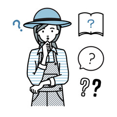 立って手をあごにあてて疑問を感じている農家の女性 クエスチョンマークのセット