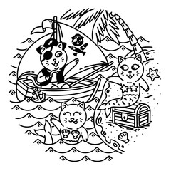 pirate cat and mermaid cat line illustration