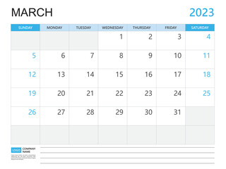 Calendar planner 2023 template-March 2023 year, week start on Sunday, Desk calendar 2023 design, simple and clean design, Wall calendar, Corporate design planner template vector