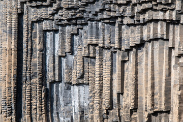 Basalt walls of Azat River Canyon on sunny morning. Garni village, Armenia.
