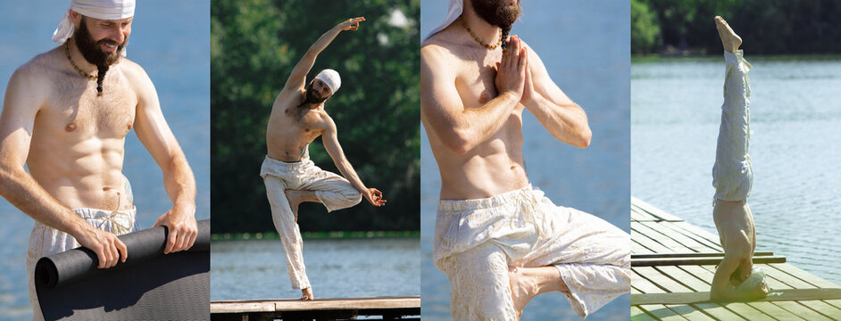 Photo collage with images of young athletic man practicing yoga on river berth at sunrise, outdoors. Concept of mental health, harmony with nature