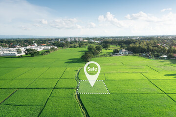 Land plot in aerial view. Real estate or property consist of empty land or green field and gps...