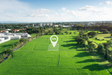 Land plot in aerial view. Real estate or property consist of empty land or green field and gps...